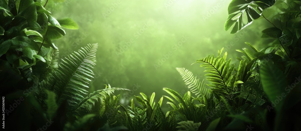 Poster lush green tropical foliage in a serene atmosphere with diffused light creating a tranquil and refre