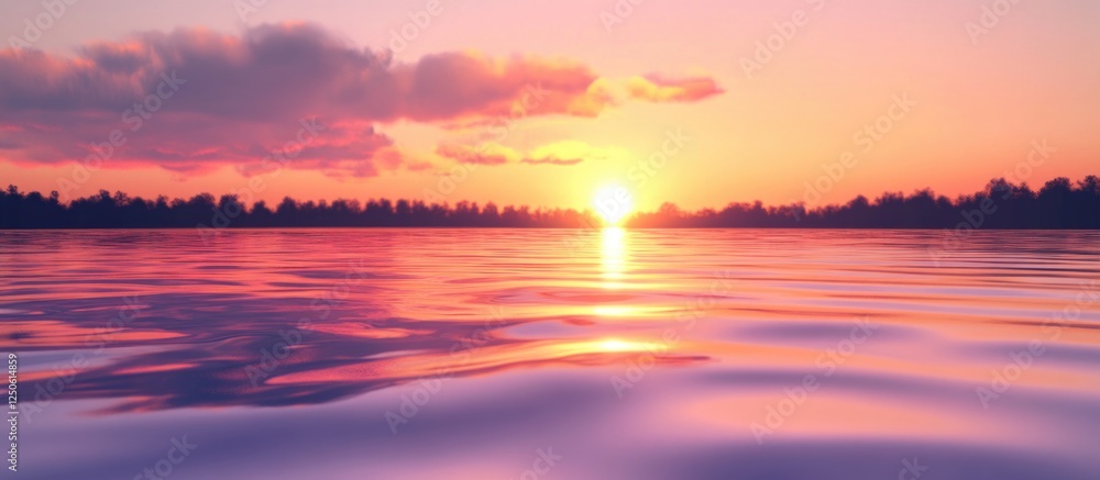 Poster serene sunset reflection on calm water with vibrant colors and soft waves, creating a tranquil atmos