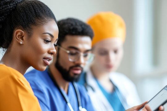 Inclusive Healthcare Collaboration Diverse Medical Team Engaging in Patient Care with Digital Tablets for Modern Health Communication and Efficient Hospital Management