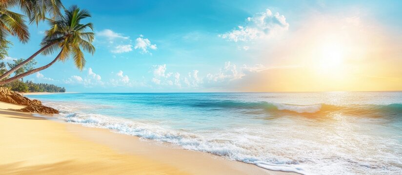 Serene tropical beach at Karon Beach Phuket under summer sunlight showcasing clear blue waters and palm trees ideal for travel and nature themes