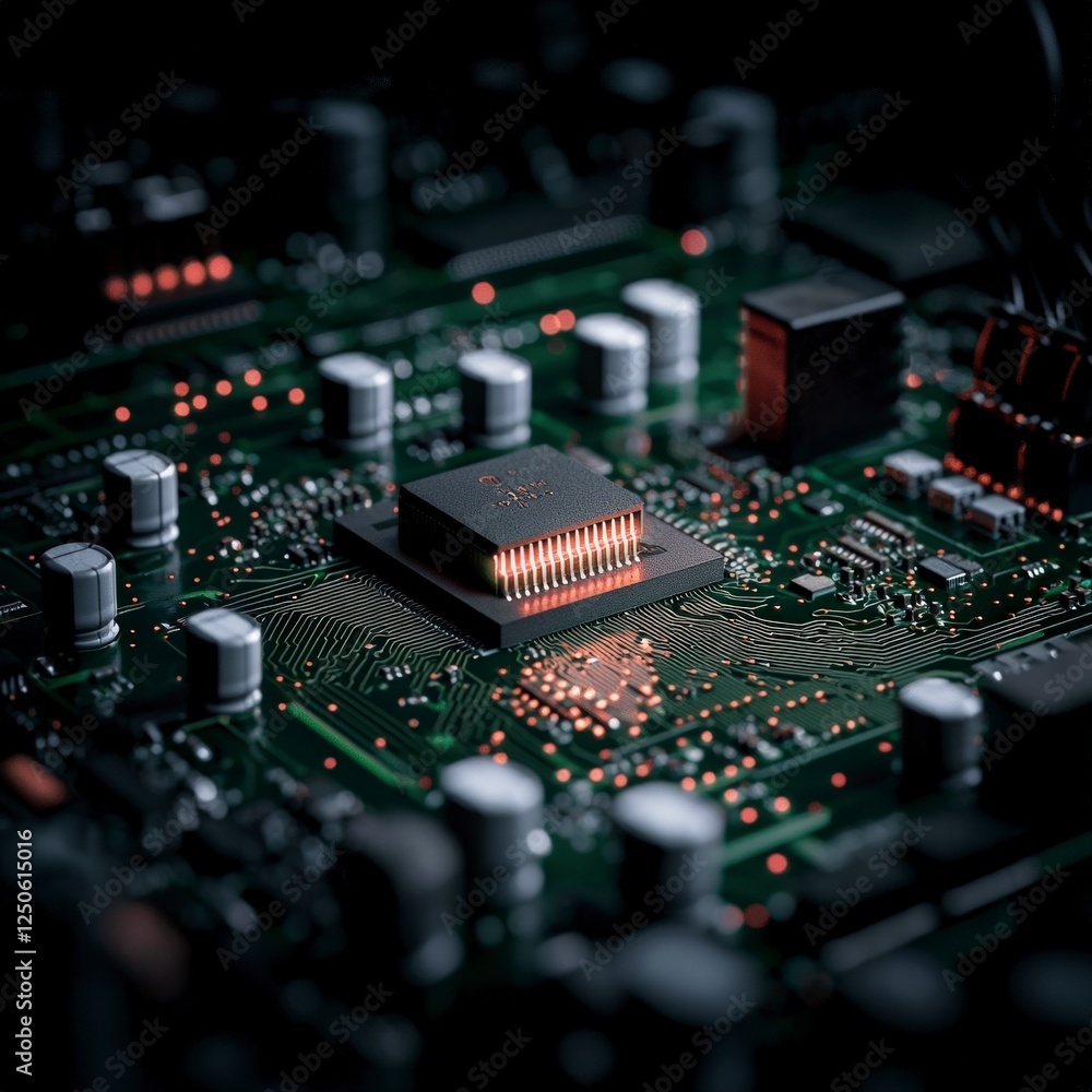 Poster close up of illuminated microchip on green circuit board