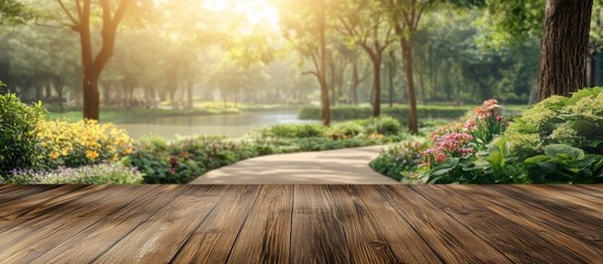 Wooden decking with a scenic view of a lush park and river under sunlight creating a tranquil outdoor atmosphere for relaxation or gatherings