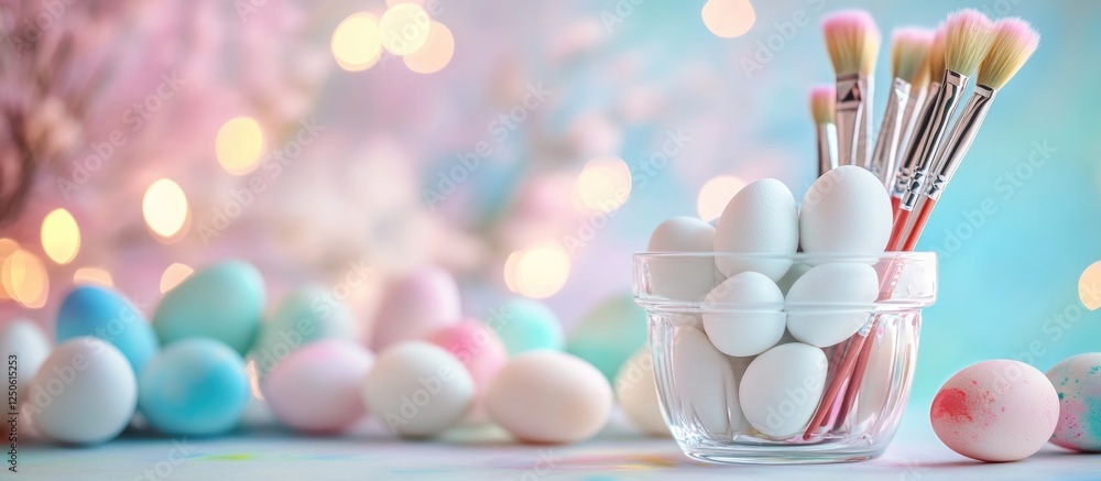 Poster easter egg coloring setup with white eggs in a glass container surrounded by pastel colored eggs and
