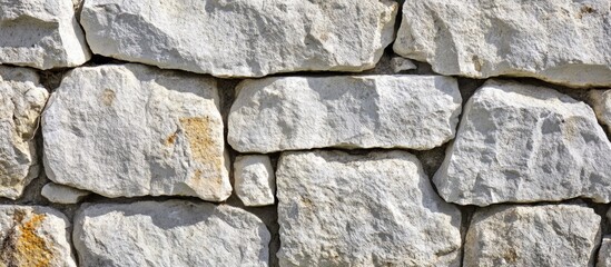 Vintage weathered white stone wall with rustic texture ideal for architectural backgrounds and historical design elements.