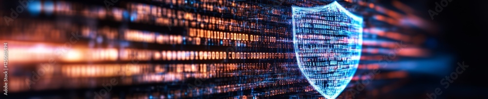 Poster Futuristic Cybersecurity Graphic Glowing Digital Shield over Network Circuits and Binary Patterns - Essential Tech Imagery for System Fortification and Business Innovation