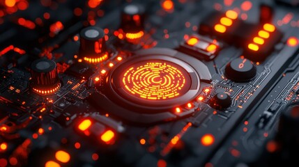 Glowing circuit board with central processor, active components, dark background, tech use