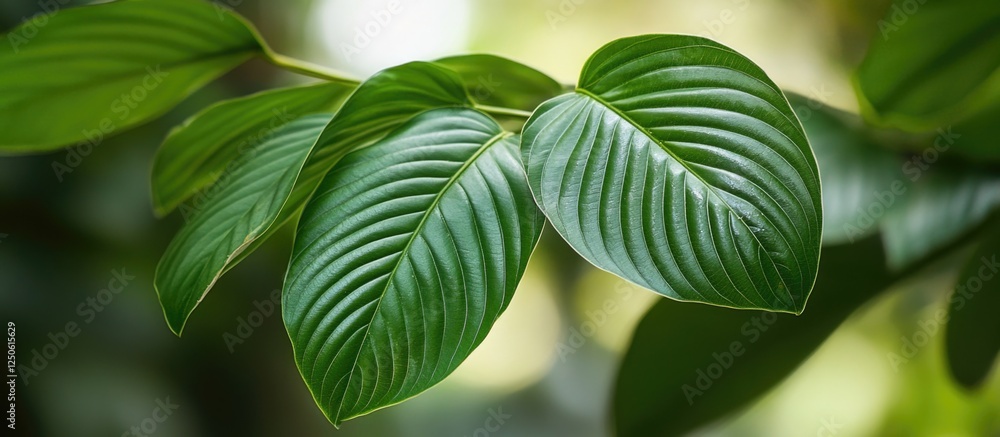 Poster lush green bakosa leaves showcasing intricate patterns and textures in a natural setting under soft 