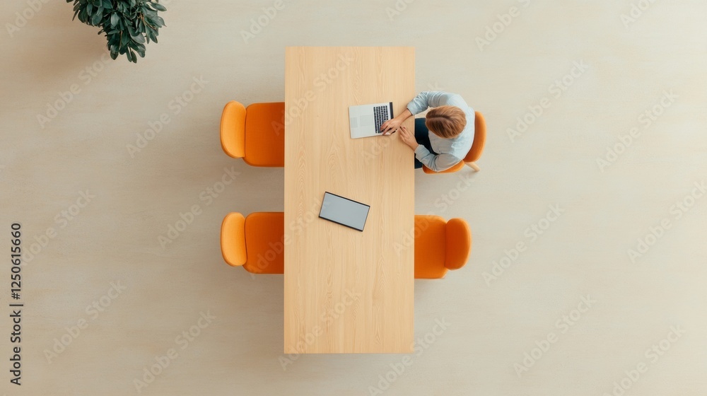 Leinwandbilder minimalist collaborative workspace wood table with digital devices and orange chairs enhancing moder