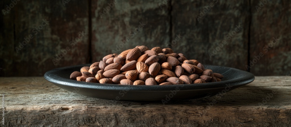 Poster almonds in a black bowl resting on a rustic wooden surface with a soft focus for a natural and appet