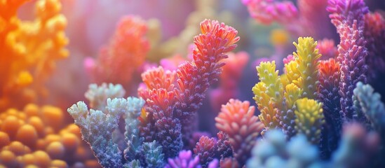 Obraz premium Vibrant close-up of colorful coral reef with diverse marine life and soft diffused lighting