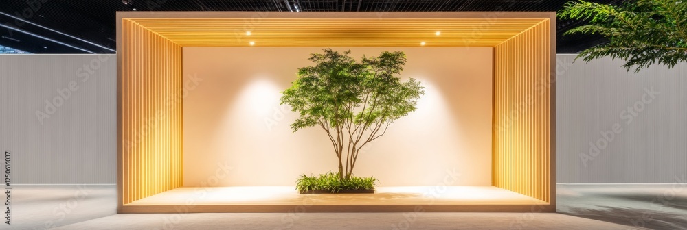 Aufkleber sustainable exhibition booth design minimalist wooden structure with indoor tree - business innovati