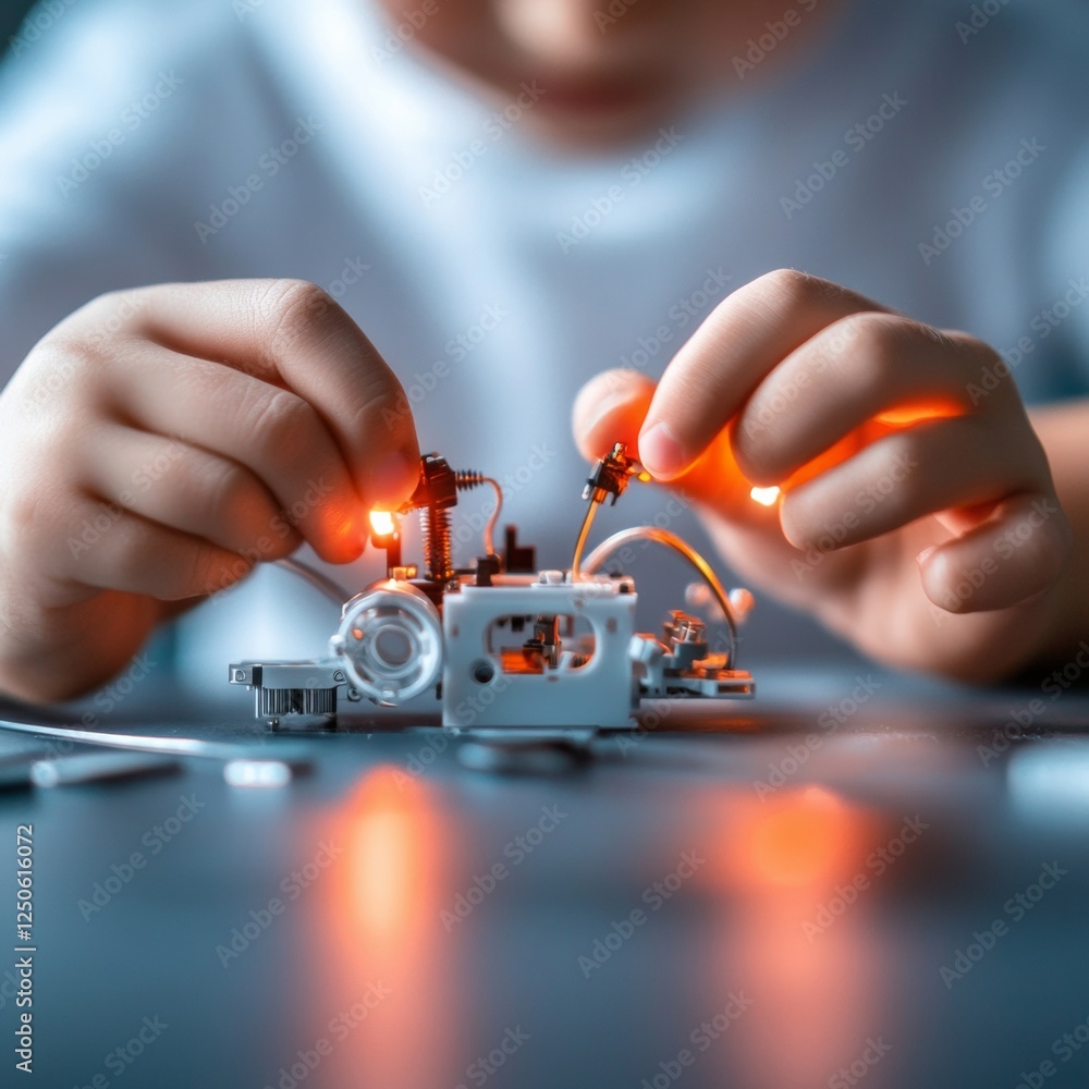 Poster vibrant tech-toys in play close-up of kids engaging with interactive robot kits featuring colorful c