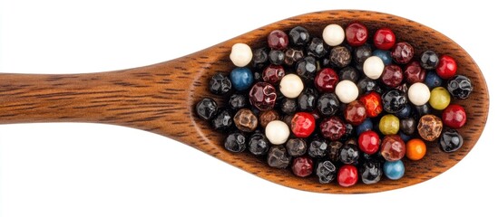 Assorted colorful peppercorns in a wooden spoon isolated on a white background showcasing a variety of spices for culinary use.