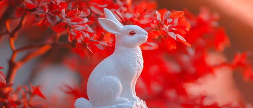Cultural Home Decor White Ceramic Rabbit amidst Vibrant Red Florals - Symbolic Art for Lunar Celebrations and Zodiac-Themed Interior Design Inspiration
