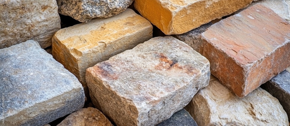 Poster close-up view of assorted building stones showcasing various textures and colors arranged in a rando
