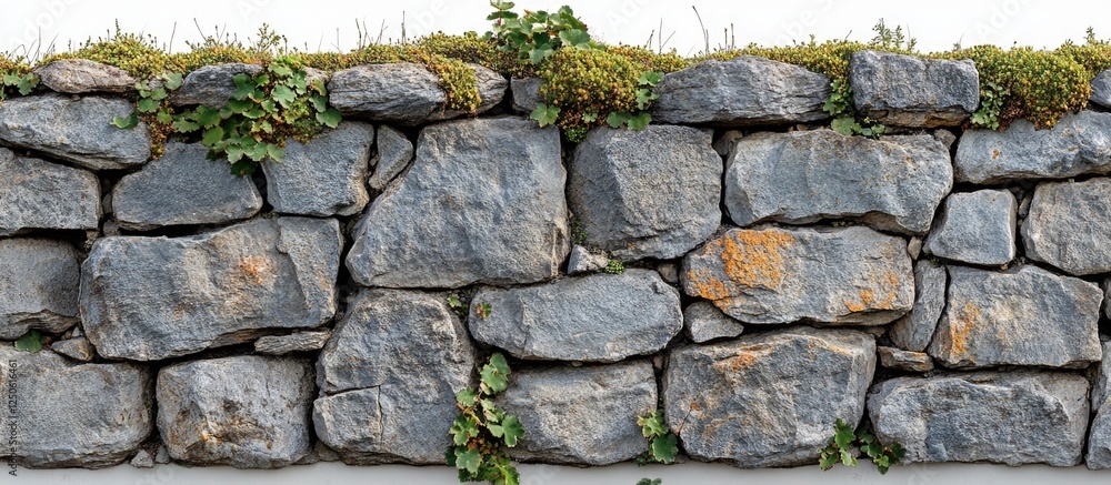 Poster close-up of a weathered grey stone wall with natural moss, ideal for backgrounds or texture mapping 