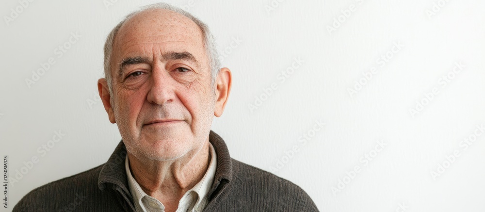 Poster handsome older man portrait on a white background with ample space for text and branding ideal for p