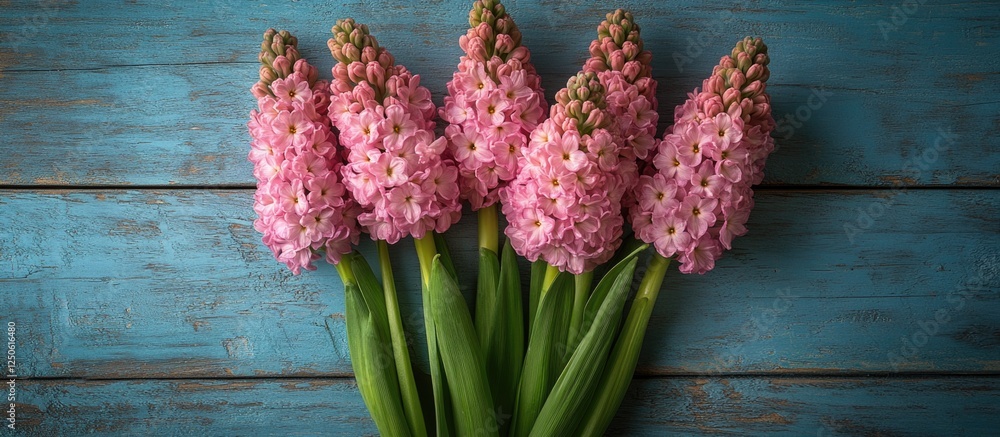 Poster pink hyacinth flowers arranged on a rustic wooden background with ample space for text and design el