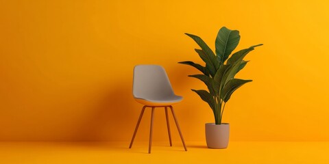 Fototapeta premium Minimalist Workspace Modern Orange Chair with Green Plant on Bold Background - Office Design Inspiration and Creative Work Environment Enhancement