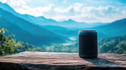 Portable Bluetooth speaker on wooden table with a stunning mountain landscape in the background, perfect for outdoor music enjoyment.