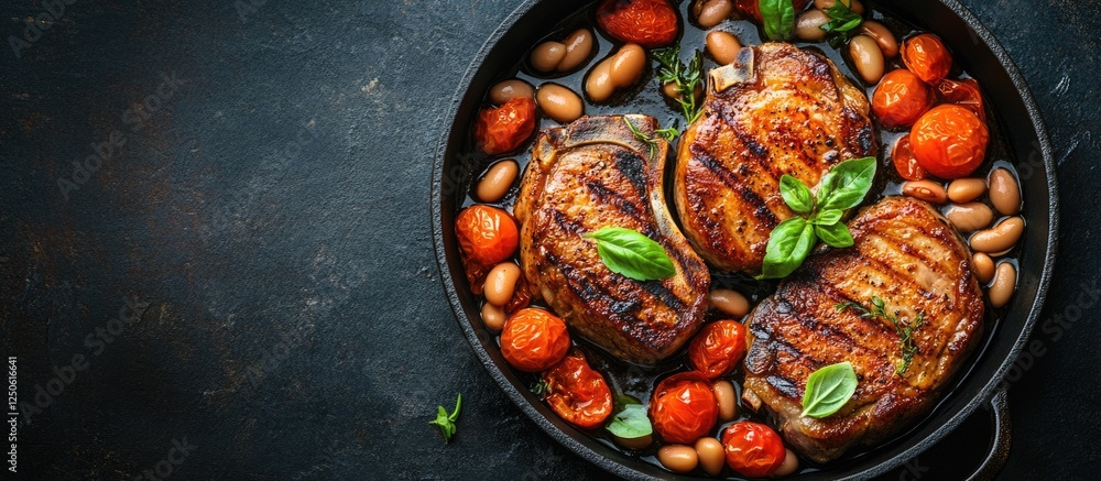 Poster delicious pork chop roast with tomatoes and beans in pan with space for text and garnish on dark bac