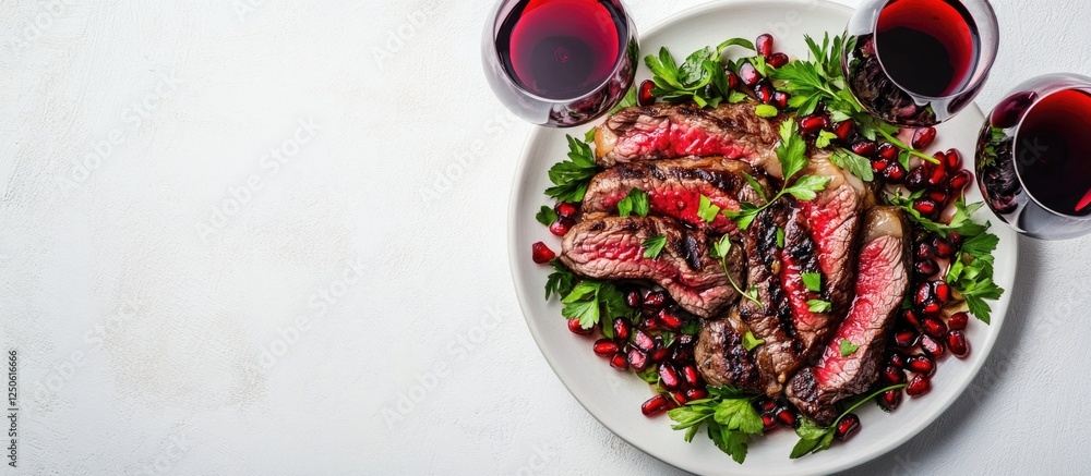 Poster picanha beef steak with red wine glasses herbs and pomegranate on white background with ample space 
