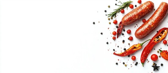 Polish sausage variant with spices and vegetables on white background for culinary and food advertising use