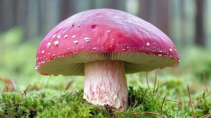 Vibrant pinkish-red Amanita rubescens mushroom in lush green mossy forest setting showcasing nature's beauty and biodiversity.