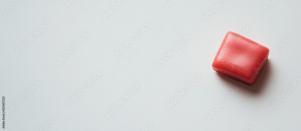 Poster red square gum piece on white background with spacious area for text or design use