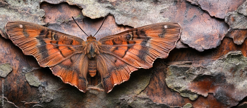 Poster comma butterfly polygonia c album resting on textured tree bark showcasing its vibrant orange and bl