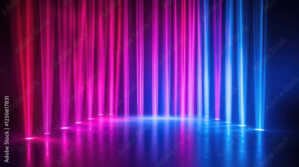 Aufkleber pink and blue neon laser beams creating abstract light patterns on a dark background for an immersiv