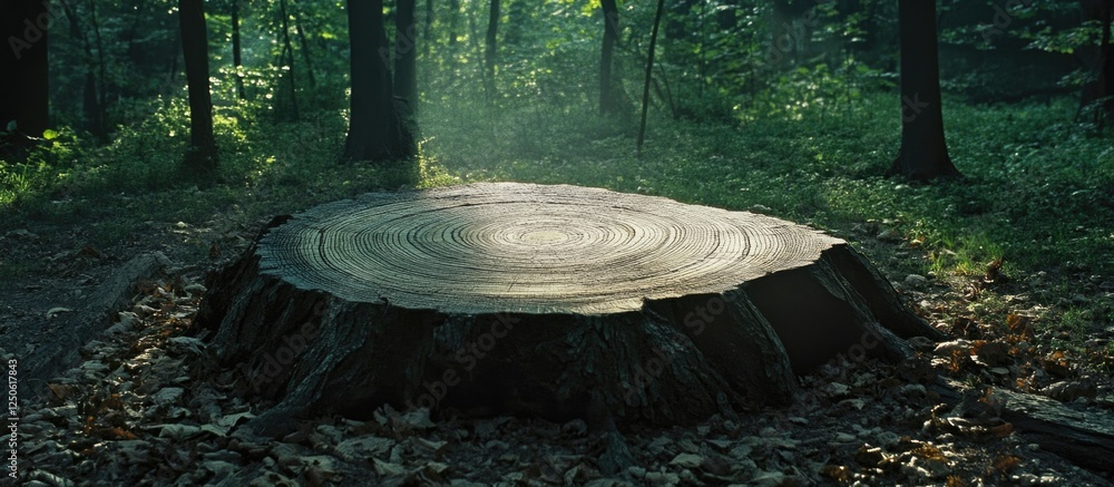 Poster forest scene featuring a freshly cut tree stump illuminated by soft sunlight filtering through the t