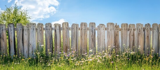 Fototapeta premium Weathered wooden fence against a clear blue sky surrounded by wildflowers creating a rustic countryside atmosphere.