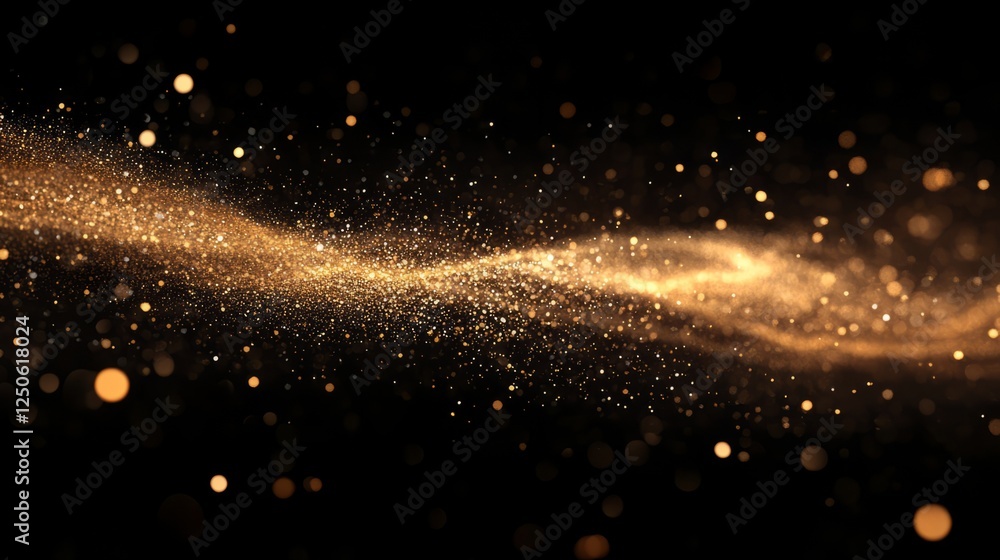 Poster a close-up view of shimmering particles swirling gracefully in the air, with a dark background for c
