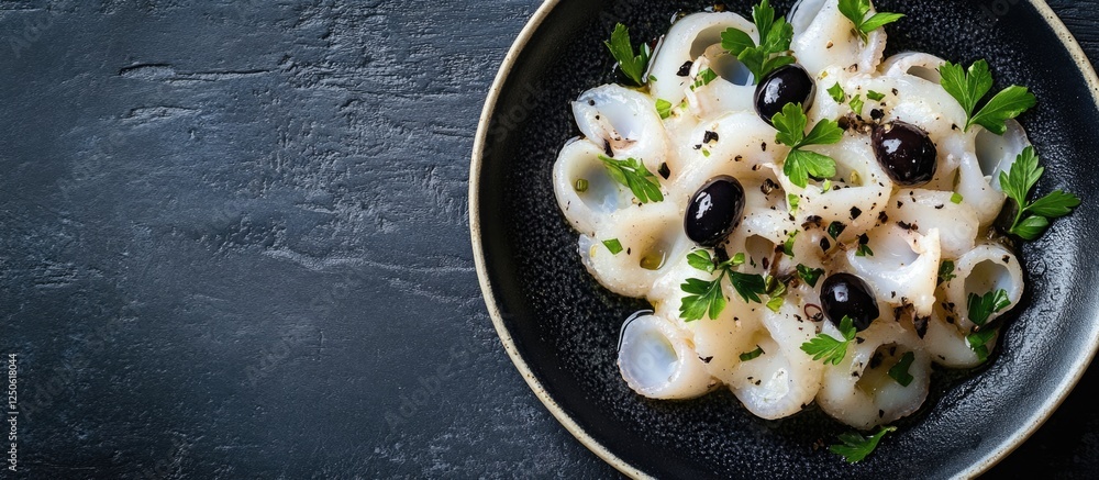 Poster cooked cuttlefish with black olives garnished with herbs on a dark plate with empty space for text o
