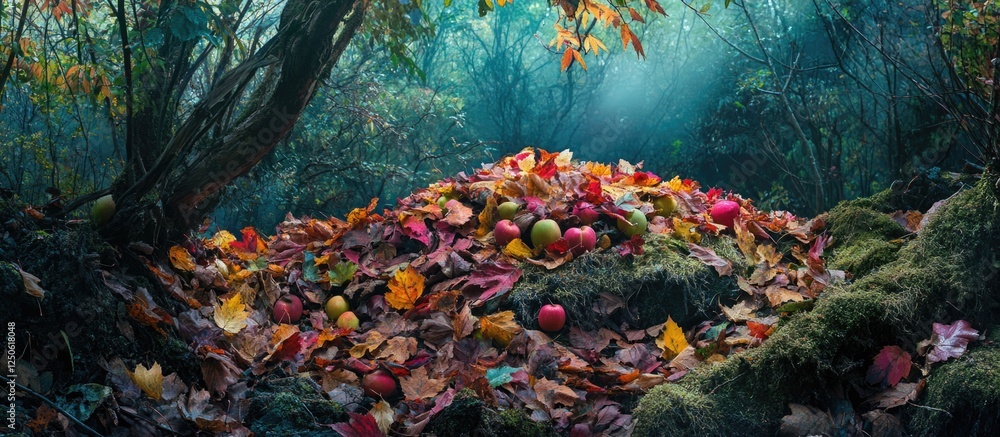 Poster colorful pile of fallen fruit tree leaves in a serene forest setting with dappled sunlight filtering
