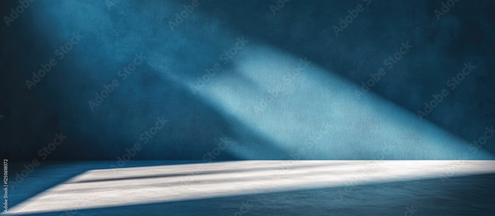 Aufkleber podium stand casting deep shadows on blue textured wall for product display or front view mockup bac