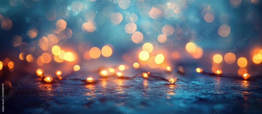Poster bokeh lights creating a dreamy blue background with soft illuminated orbs and shimmering reflections