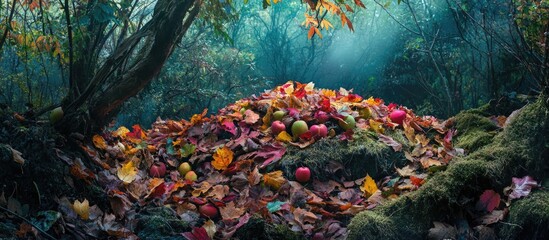 Colorful pile of fallen fruit tree leaves in a serene forest setting with dappled sunlight filtering through the trees.