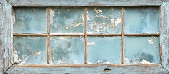 Weathered vintage window frame with peeling paint and aged glass, ideal for backgrounds or restoration themes.