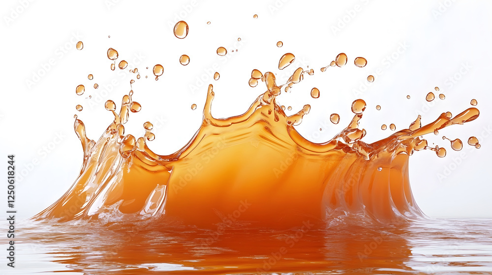 Poster Vibrant Orange Splash of Dynamic Liquid Motion on White Background  Abstract Colorful Fluid Texture with Swirling Waves Droplets and Bubbles