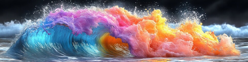 Ocean wave bursting into a multicolored explosion, creating a surreal and artistic representation of motion and fluid energy.

