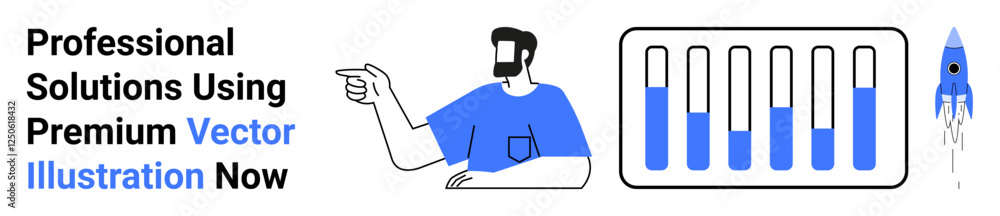Poster man gesturing towards progress chart and rocket launch, indicating growth and innovation. ideal for 