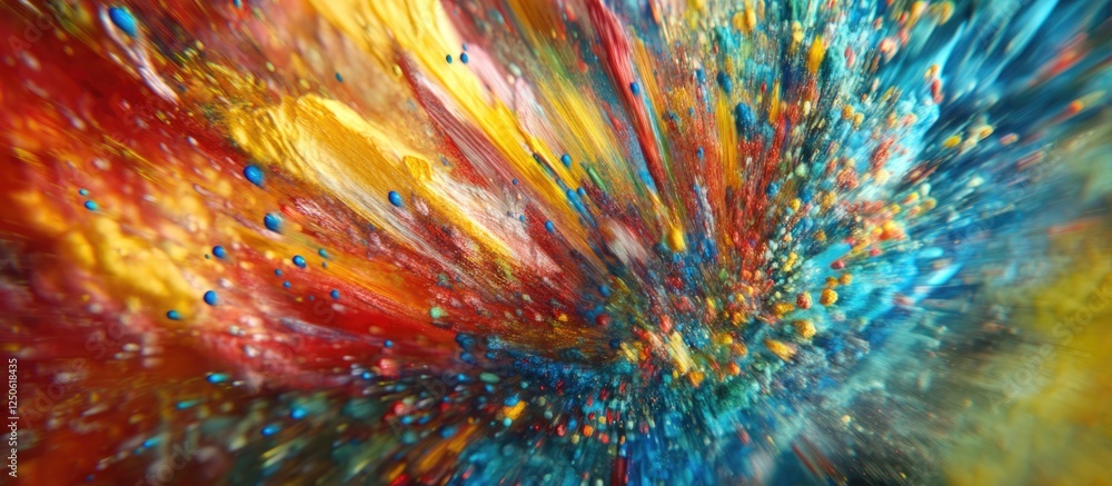 Poster vivid abstract composition of colored powder particles creating dynamic splashes and textures in a v