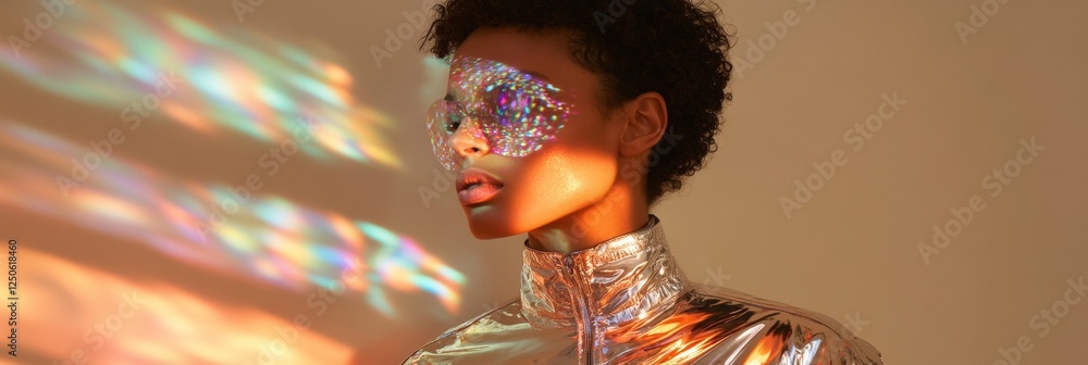 Aufkleber trendsetting futuristic fashion metallic silver jumpsuit and holographic display in warm neon loft -