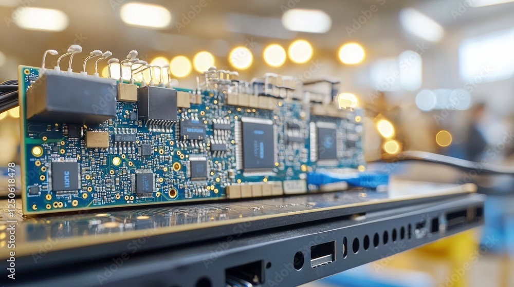 Poster closeup of a circuit board in a factory setting