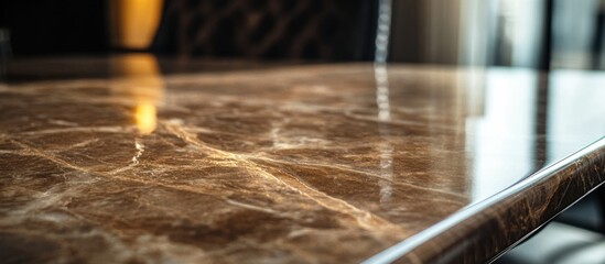 Obraz premium Elegant polished brown quartzite tabletop with intricate veining and glossy finish reflecting ambient light in a luxurious setting
