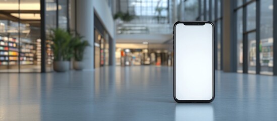 Mobile phone case showcasing a smartphone in a modern shopping mall with blank area for customizable text or advertising content.