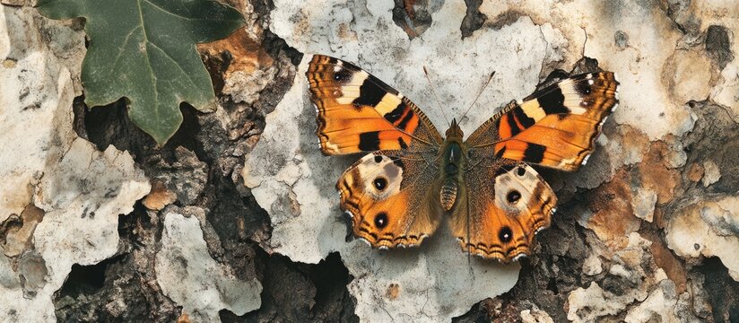Polygonia c album butterfly resting on textured tree bark showcasing vibrant orange and black wing patterns in natural habitat setting