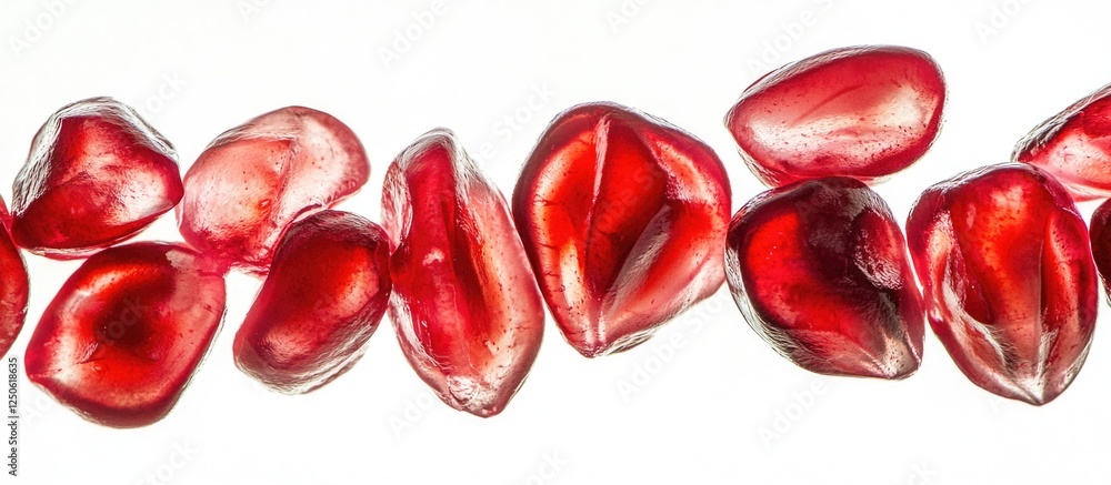 Poster pomegranate seeds sparkling on a white backdrop showcasing their vibrant red color and unique textur